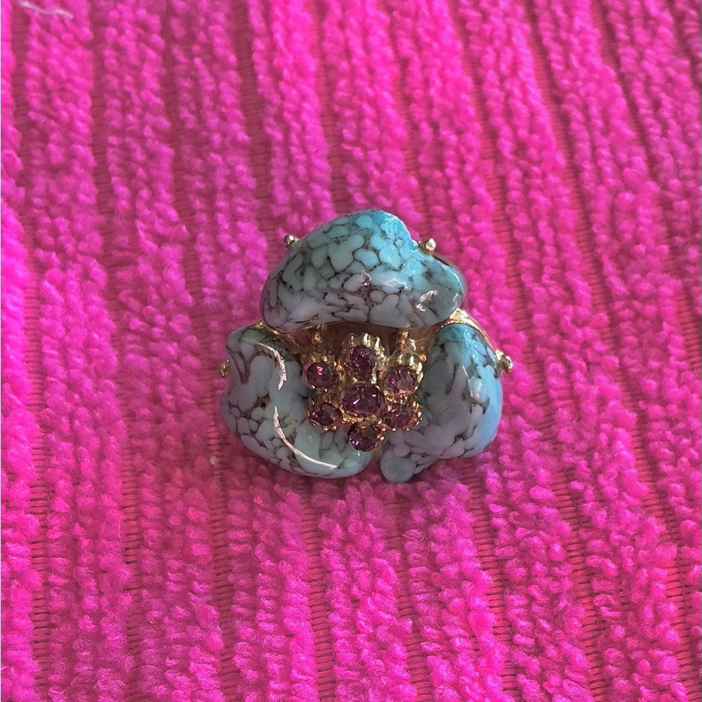 Vintage Turquoise and Purple Rhinestone Floral Ring